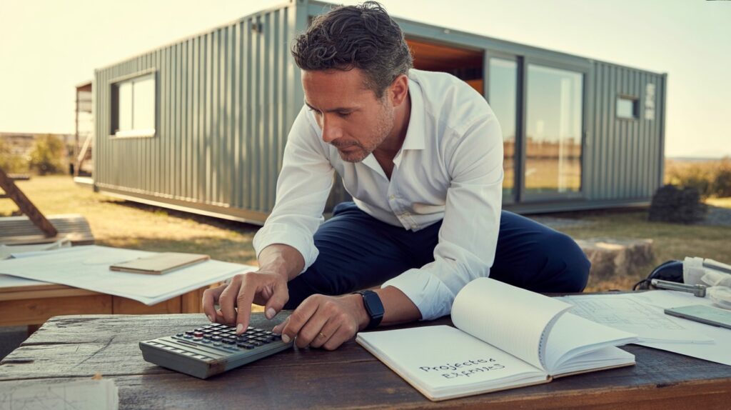 A photograph of a focused man in his late 30s intently using a vintage calculator. He is wearing a crisp white shirt and dark blue trousers, seated at a weathered wooden desk; a partially opened notebook displaying "PROJECTED EXPENSES" lies nearby. Behind him stands a modern container home, its corrugated metal exterior reflecting the warm afternoon sun, while scattered around him are blueprints and architectural models. Soft, natural light streams in, highlighting the man’s concentration and the stark contrast between the vintage tools and the contemporary architecture.