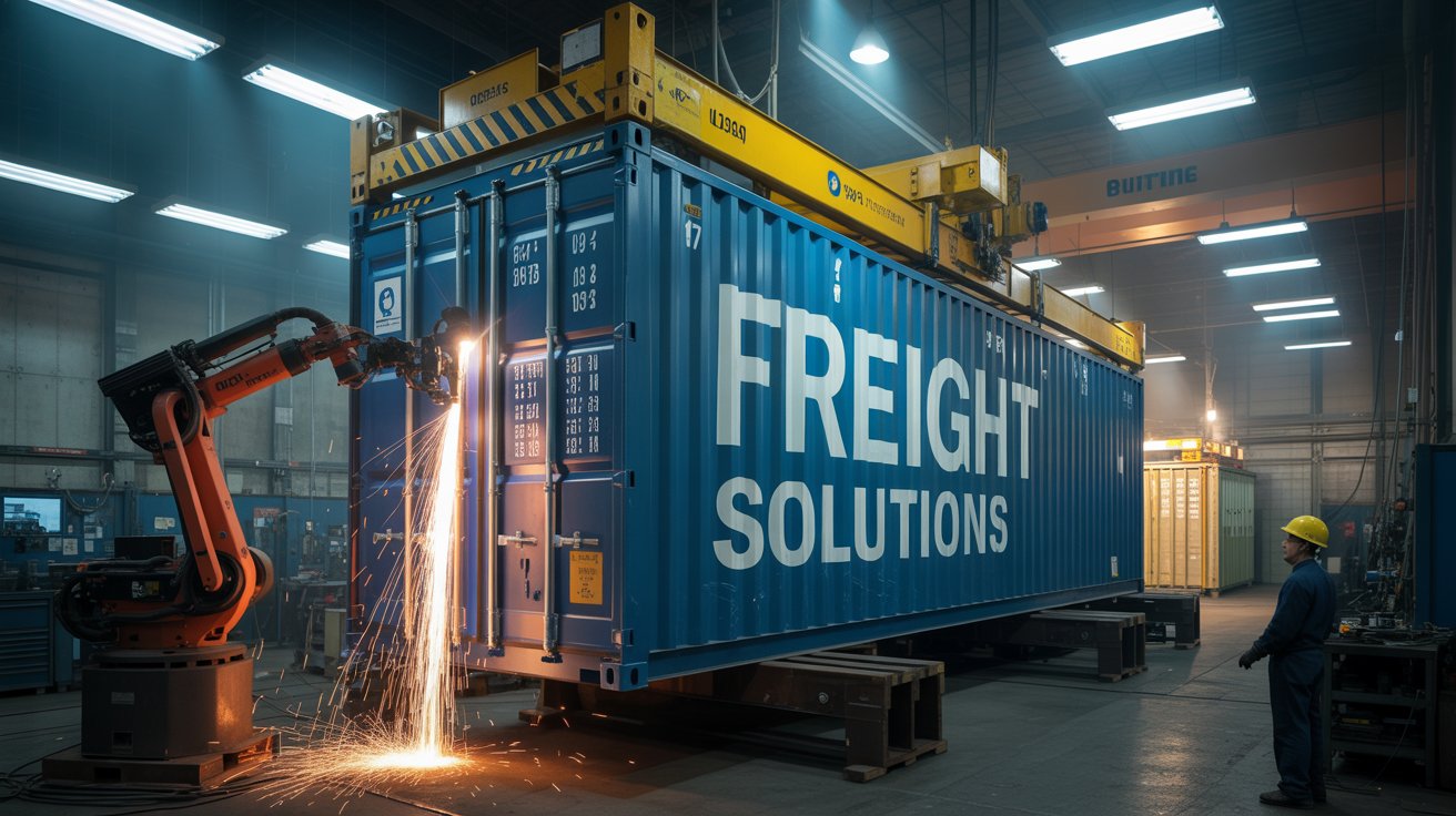 A photograph of a large corrugated steel shipping container undergoing fabrication within a bustling industrial workshop. A robotic arm is welding a seam on the container's side, sending sparks flying into the air; the container is painted with "FREIGHT SOLUTIONS" in bold white lettering. The workshop is filled with various tools and machinery, bathed in the harsh, diffused light of overhead fluorescent lamps, creating a dynamic yet functional atmosphere. The background shows a partially assembled container further down the workshop, with a technician in a hard hat observing the process.
