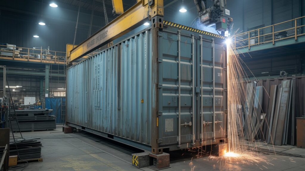 Why Are Containers Made of Corten Steel A photograph of a large, corrugated steel shipping container in the process of being welded together inside a bustling fabrication shop. The container's outer panels are a faded blue, showcasing visible weld lines and sparks flying from the automated welding arm as it joins the corners. Bright work lights illuminate the scene, casting long shadows and highlighting the industrial setting filled with stacks of metal sheets and various tools. A safety railing is visible in the blurred background, suggesting a busy and productive work environment.