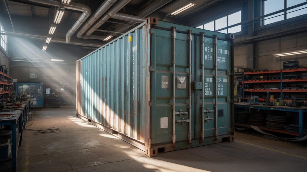 A photograph of a weathered, blue shipping container standing within a bustling industrial workshop. The container is marked with faded "Cargo Solutions" text and displays signs of wear, including rust patches and scratches, hinting at a long history of transport. Inside, scattered tools and blueprints lie on the concrete floor, partially illuminated by a single overhead fluorescent light. The background showcases blurred outlines of machinery and a loading dock, with diffused light filtering in from a large open doorway.