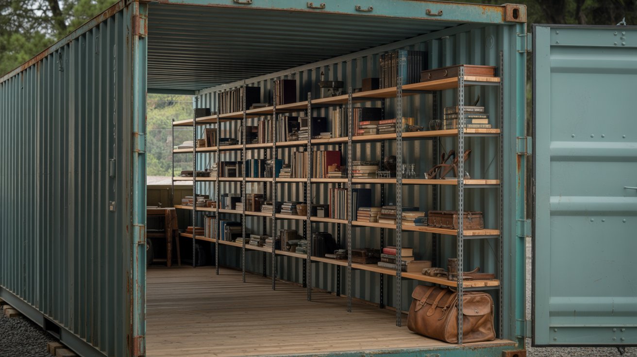 A photograph of a large, weathered shipping container transformed into a meticulously organized shelving unit. The container’s corrugated metal walls are painted a muted teal, with sturdy wooden shelves installed along the interior, holding an assortment of vintage books and antique tools. Soft natural light filters through a partially open container door, illuminating the orderly arrangement of items and casting long shadows across the floor. A single, worn leather satchel rests on the bottom shelf, adding a touch of lived-in character to the scene.