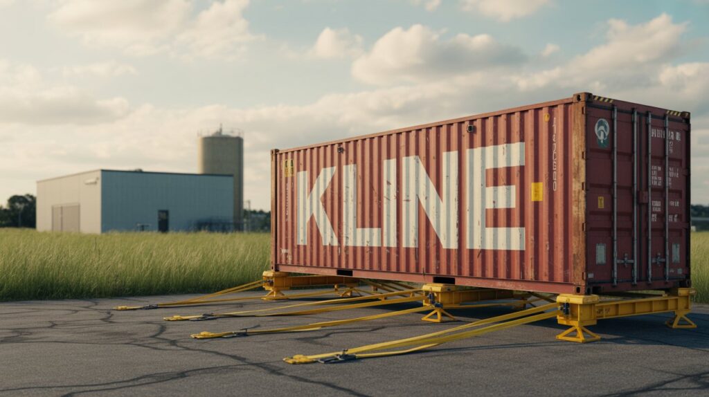 A photograph of a large, weathered shipping container prominently displaying the word "KLINE" in bold, white lettering. The container, painted a faded crimson red, rests on a series of bright yellow hydraulic jacks on a cracked asphalt surface, secured with thick yellow safety straps. In the blurred background, a light-gray industrial building and a cylindrical storage tank rise amidst a field of tall green grass, under a sky dotted with fluffy white clouds. Soft, diffused sunlight bathes the scene, creating long shadows and highlighting the container's metallic texture.
