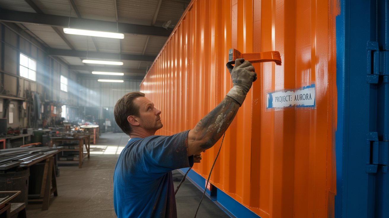 A photograph of a man meticulously painting the interior of a large, corrugated steel shipping container within a bustling fabrication shop. The man, with calloused hands and wearing a blue work shirt, carefully applies a layer of bright orange paint onto the container's wall, a stencil of "PROJECT: AURORA" visible nearby. The shop's background reveals scattered tools, welding equipment, and unfinished metal structures under the glow of fluorescent overhead lighting. Dust motes hang in the air, illuminated by a single shaft of sunlight entering from a high window.