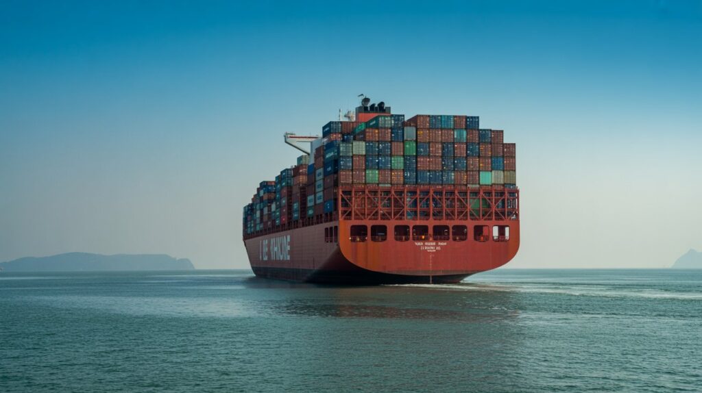 A photograph of a massive container ship sailing through a calm turquoise ocean under a clear sky. The ship is densely packed with hundreds of identical shipping containers in various shades of blue and gray, stacked high to create a towering rectangular structure. The ship's red hull and white bridge stand out against the muted colors of the containers, and the sunlight reflects off the ocean's surface. Distant, hazy islands are visible on the horizon, adding depth and a sense of scale to the vast seascape.