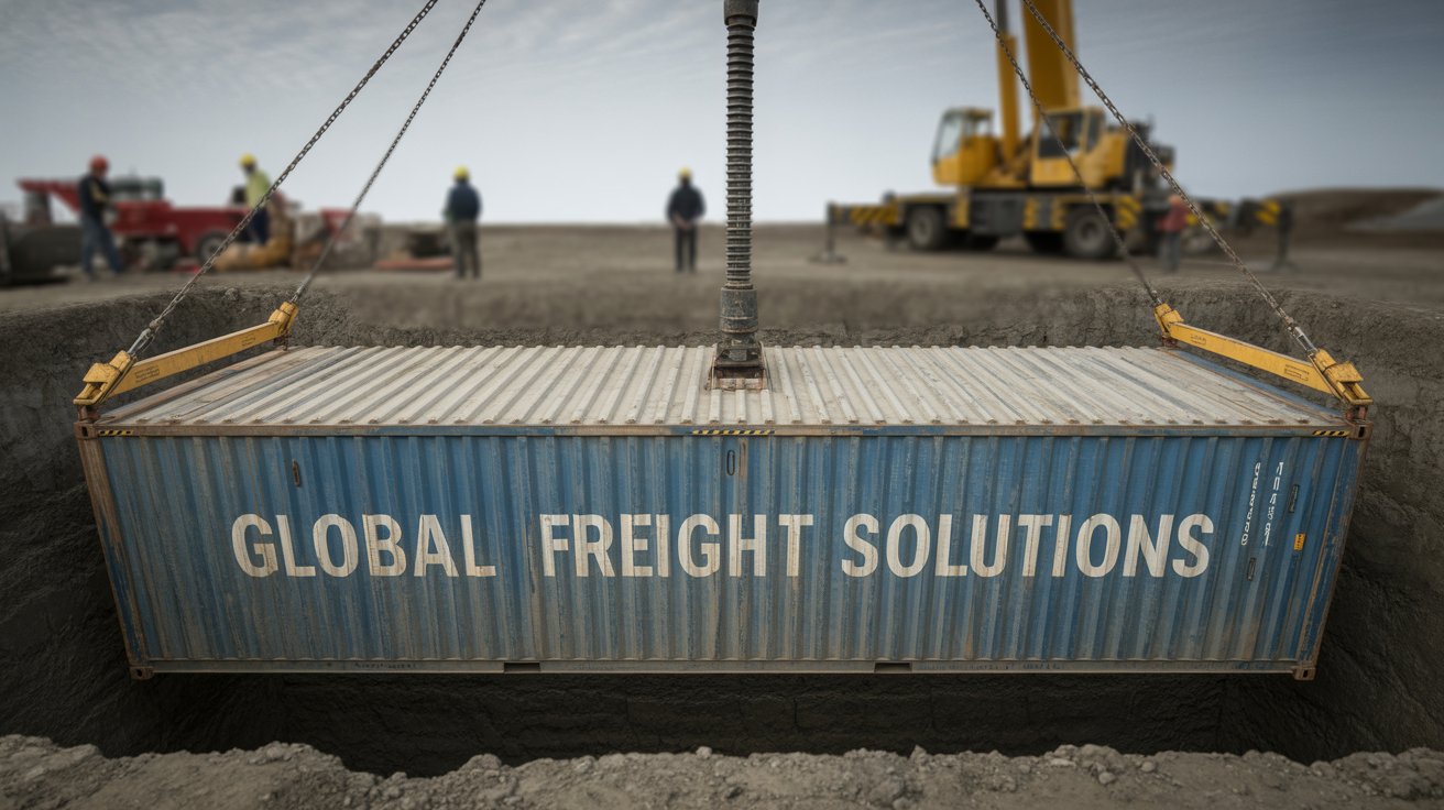 A photograph of a massive corrugated steel shipping container being carefully lowered into a deep, muddy trench by a towering yellow crane. The container, a faded ocean blue, displays faint, weathered markings reading “"GLOBAL FREIGHT SOLUTIONS"” across its sides and has a seamless corrugated metal roof. A thick, black ventilation pipe rises vertically from the container’s center, while a single, harsh floodlight casts long, dramatic shadows within the trench and highlights the container's textured surface. The background is intentionally blurred, showcasing construction workers in hard hats and additional heavy machinery, conveying the scale and intensity of the engineering operation under a gray, overcast sky.