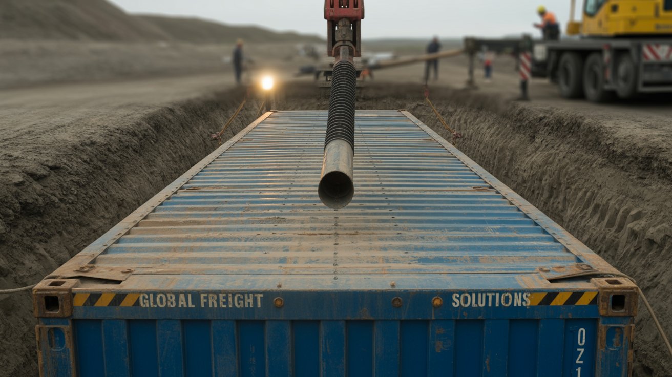 A photograph of a massive corrugated steel shipping container being carefully lowered into a deep, muddy trench by a large crane. The container is a faded ocean blue, its surface marked with faint, weathered markings reading “"GLOBAL FREIGHT SOLUTIONS"” and its flat roof is seamlessly covered with matching corrugated metal. A thick, black ventilation pipe rises vertically from the center of the roof, leading upwards and out of frame, while a single floodlight illuminates the scene from the side, casting long shadows within the trench. The background is blurred showing construction workers and heavy machinery suggesting a large-scale engineering project.