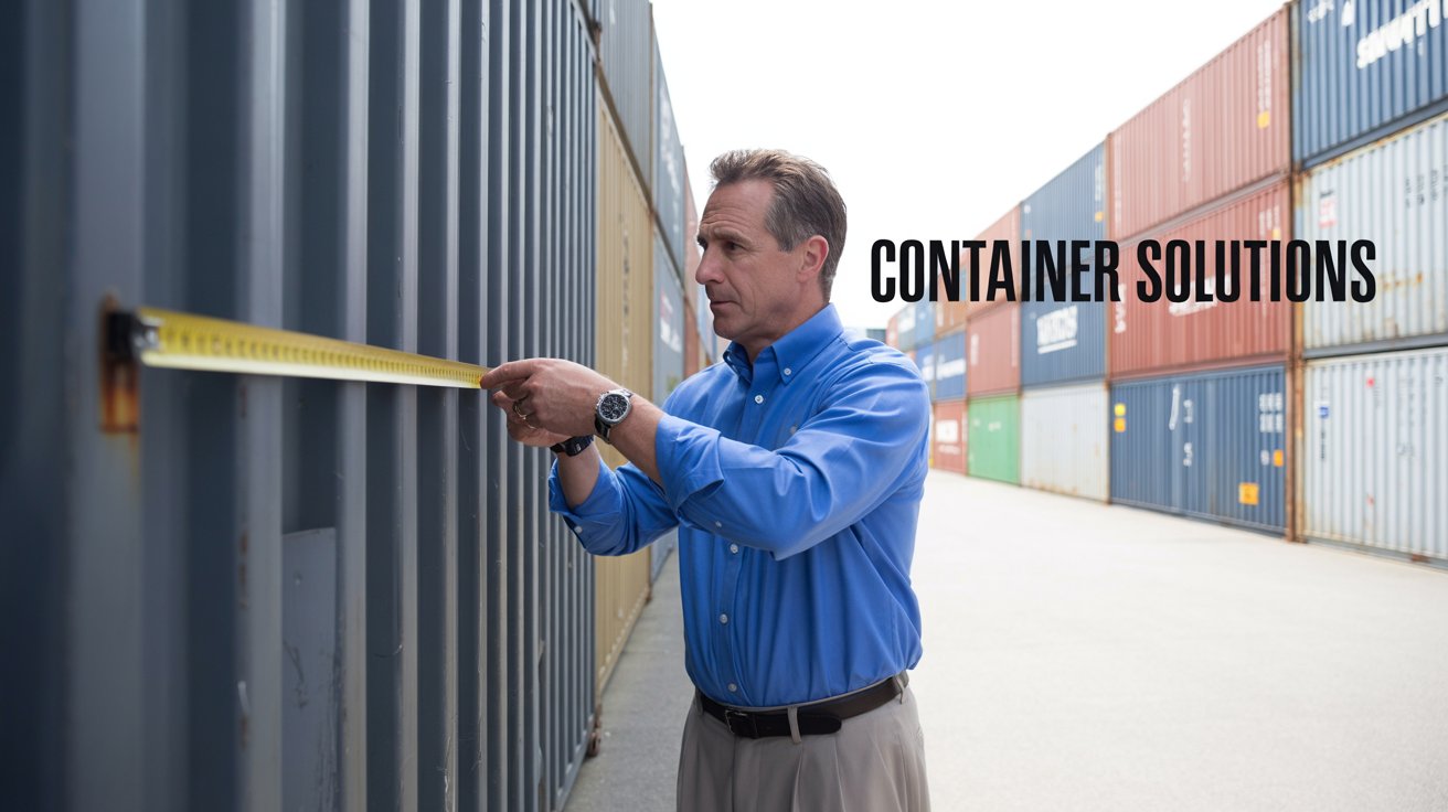 A photograph of a middle-aged man in a crisp blue button-down shirt and khaki pants carefully measuring the width of a large shipping container at a bustling dealership. The man holds a long measuring tape, his brow furrowed in concentration as he assesses the container's dimensions, the tape extending from the container’s edge towards the camera. Behind him, a row of various-sized shipping containers in muted gray and beige tones stretches into the distance, and a sign reads "CONTAINER SOLUTIONS" in bold black letters. The scene is bathed in bright, overcast daylight, casting even shadows and highlighting the industrial nature of the setting.
