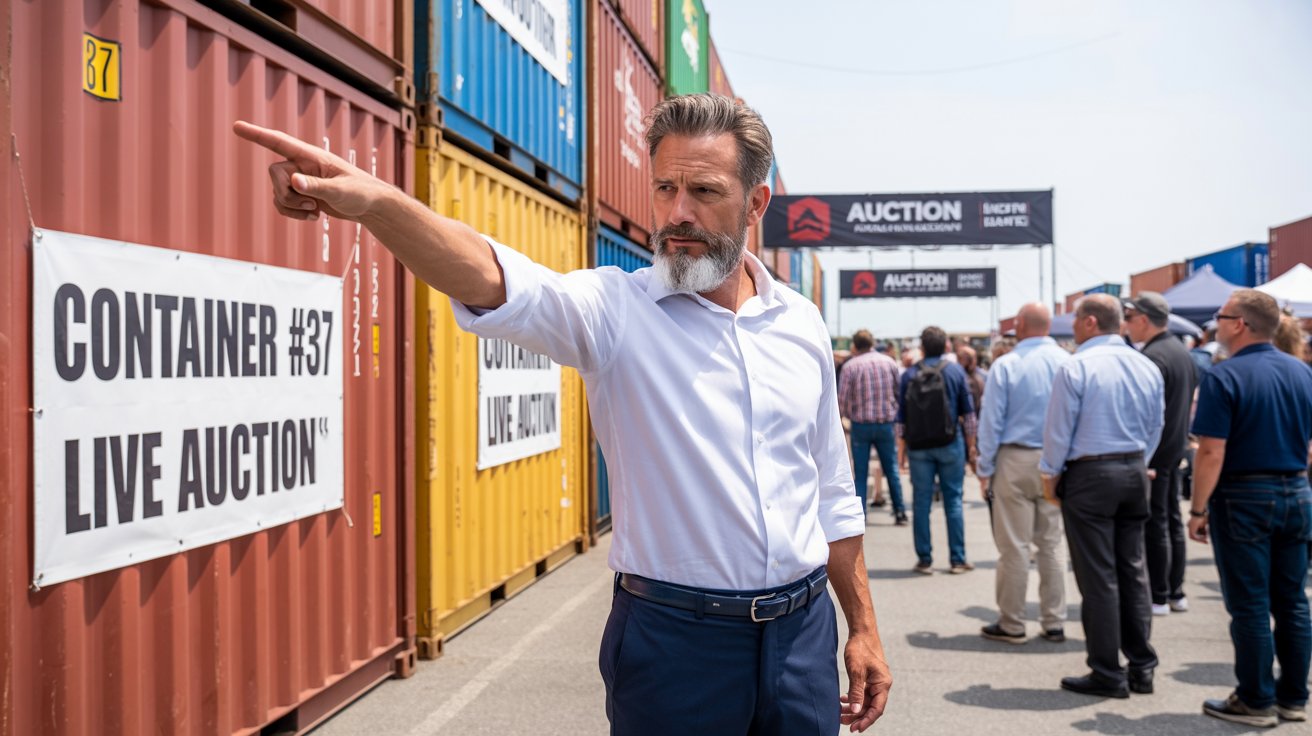 A photograph of a middle-aged man with a neatly trimmed grey beard, wearing a crisp white shirt and dark blue trousers, pointing towards a row of brightly colored shipping containers. The man has a serious expression as he gestures towards the container labeled " “CONTAINER #37 – LIVE AUCTION” " with a bold black font. Behind him, a crowd of potential buyers stand observing the containers under the bright midday sun, with a large auction banner visible in the background. The scene takes place at a bustling outdoor auction site with a slightly hazy atmosphere.