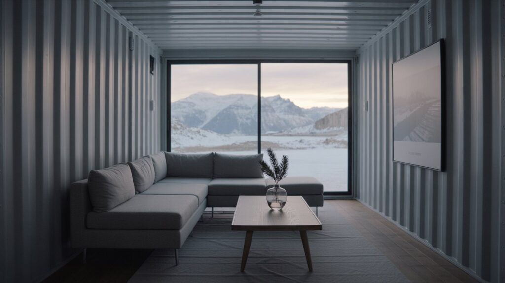 A cozy, well-organized container home's storage solutions, bathed in warm, natural light streaming through large windows. Sleek, built-in shelving units line the walls, featuring neatly arranged books, decorative accents, and cleverly concealed storage compartments. A minimalist, Scandinavian-inspired aesthetic, with clean lines and a muted color palette of grays, whites, and natural wood tones. Compact, modular storage ottomans and nesting side tables provide additional tucked-away space. A central, freestanding storage unit acts as a room divider, seamlessly integrating with the overall design. The resulting image conveys a sense of order, efficiency, and a clutter-free, harmonious living environment. A photograph of a minimalist living room inside a repurposed shipping container. The room features a comfortable grey sectional sofa facing a large window showcasing a lush green forest. A single, round wooden coffee table sits in front of the sofa, holding a stack of design magazines and a small succulent in a terracotta pot, with the text "Home" subtly etched into the window frame. Soft natural light floods the space, highlighting the clean lines and industrial-chic aesthetic of the container home.