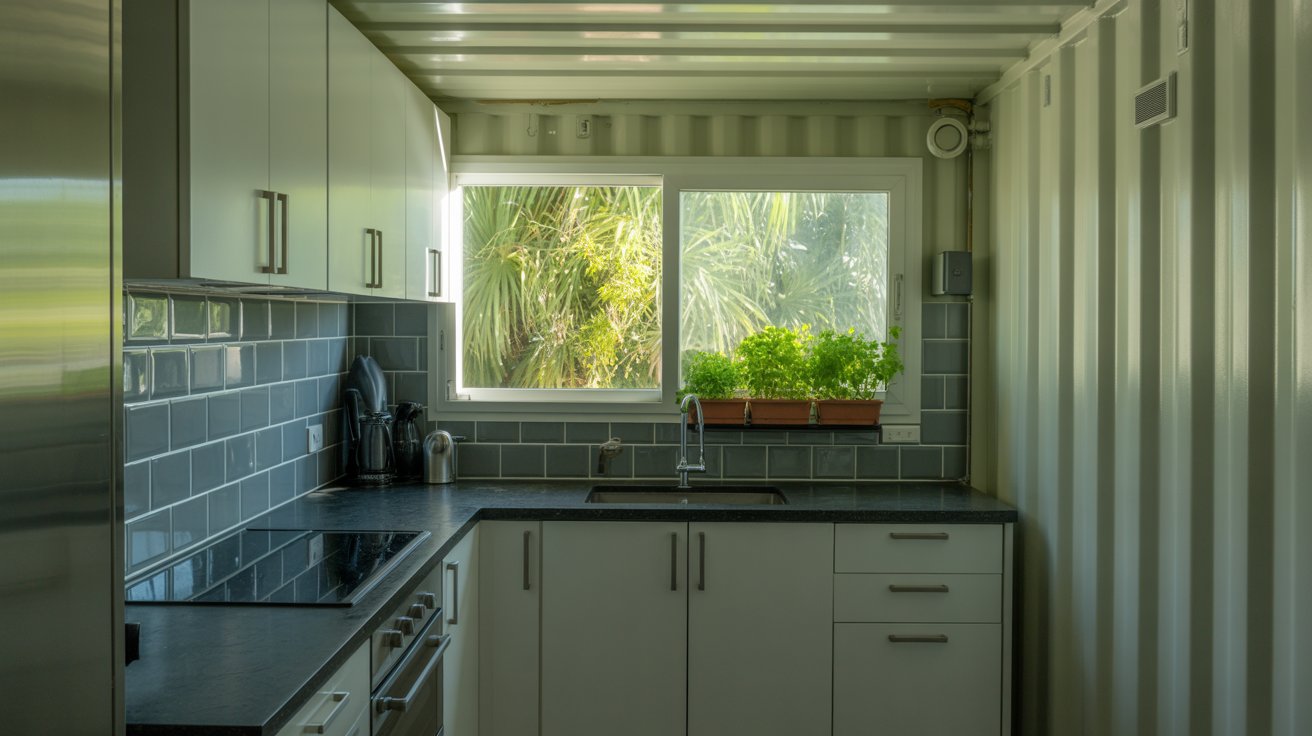 A photograph of a modern kitchen inside a converted shipping container. The kitchen features sleek, minimalist cabinetry made of light wood, a stainless steel countertop, and a dark gray backsplash with subtle geometric patterns, with a small sign reading "“Coastal Bites”" hanging above the sink. Large windows offer a view of a serene turquoise ocean, while a potted olive tree sits in a corner, adding a touch of greenery. Soft, natural light streams in, illuminating the clean lines and creating a bright, airy atmosphere.