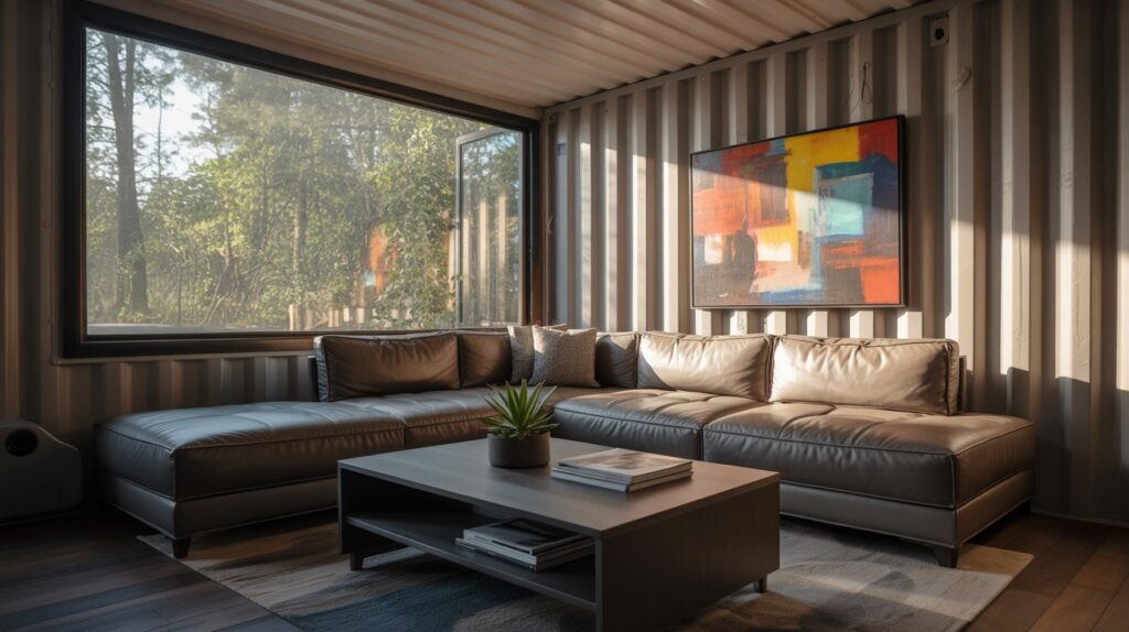 Cozy container home living room with natural wood accents, plush textiles, and curated decor pieces. Warm ambient lighting casts a soft glow, accentuating the minimalist yet inviting aesthetic. A mix of vintage and modern furnishings create a lived-in, personalized feel. Potted plants and natural fiber accents bring the outdoors in. Large windows offer ample natural light and picturesque views of the surrounding landscape. Thoughtfully arranged shelves display personal mementos, books, and decorative items that reflect the owner's unique style and personality. A photograph of a modern living room inside a repurposed shipping container. The room is furnished with a plush, grey sectional sofa facing a large window overlooking a tranquil forest, and a vibrant abstract painting hangs above the sofa. A sleek, dark wood coffee table sits in front of the sofa, holding a stack of design magazines, and a single potted succulent adds a touch of greenery to the space. Warm, diffused natural light streams through the window, highlighting the textures of the corrugated metal walls and creating a cozy and inviting atmosphere.
