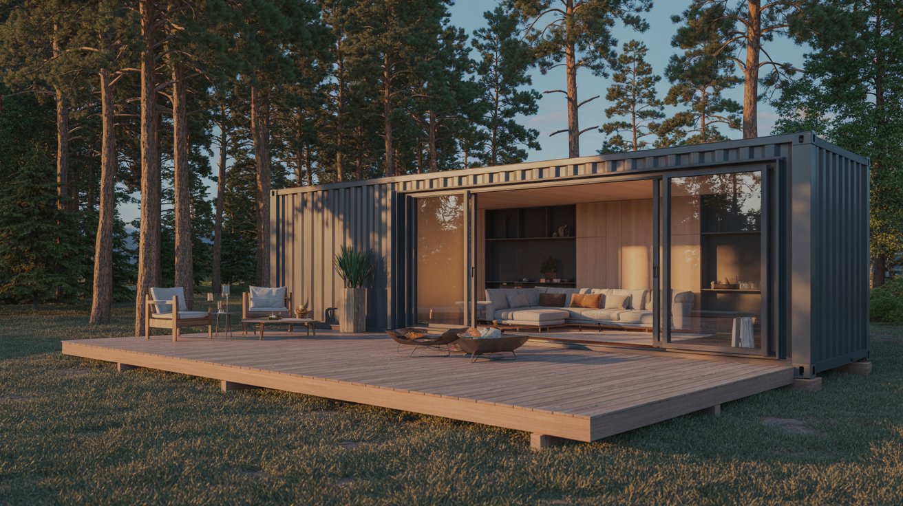 A photograph of a modern luxury shipping container home nestled amongst tall pine trees. The home is painted a sleek charcoal grey and features expansive floor-to-ceiling windows showcasing a minimalist interior with a comfortable sectional sofa and warm lighting. A large wooden deck extends from the container, complete with a minimalist fire pit and comfortable outdoor seating. The scene is bathed in the golden light of late afternoon, casting long shadows and highlighting the texture of the wood and metal.