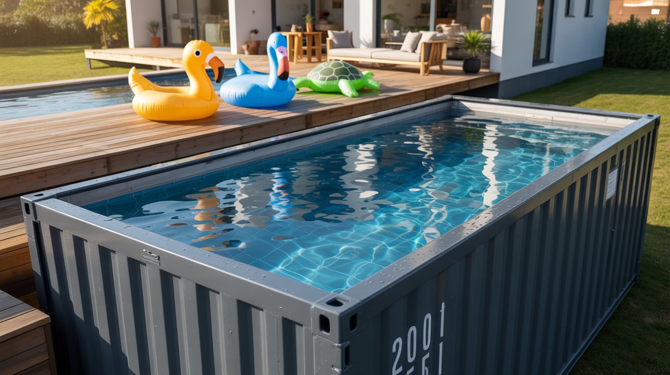 A photograph of a modern outdoor swimming pool ingeniously built into a dark-grey shipping container, viewed from a slightly elevated angle. The transparent side of the container showcases the clear, blue water reflecting the sunlight while sitting atop a raised wooden deck edged with a sleek black metal railing. Brightly colored inflatable pool toys—a yellow duck, a blue flamingo, and a green turtle—are casually scattered on the deck, while in the background a light-colored contemporary house with large windows adds a sense of spaciousness. Warm afternoon sunlight illuminates the scene, creating long shadows and highlighting the contrast between the industrial container and the natural wood and lawn.