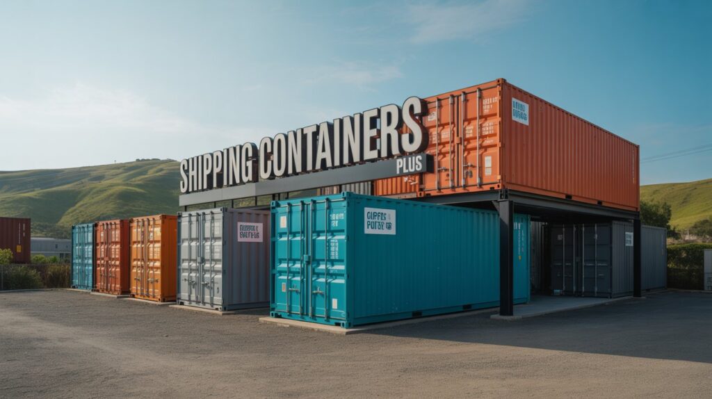 Where to Buy a Shipping Container A photograph of a modern shipping container dealership prominently displaying the sign "Shipping Containers Plus" in bold, black lettering. Several brightly colored shipping containers of various sizes are neatly arranged around the dealership, creating an organized and visually appealing display. The containers are painted in shades of turquoise, orange, and gray, contrasting against a clear blue sky and a backdrop of rolling green hills. Soft, natural sunlight illuminates the scene, casting long shadows and highlighting the textures of the metal containers.