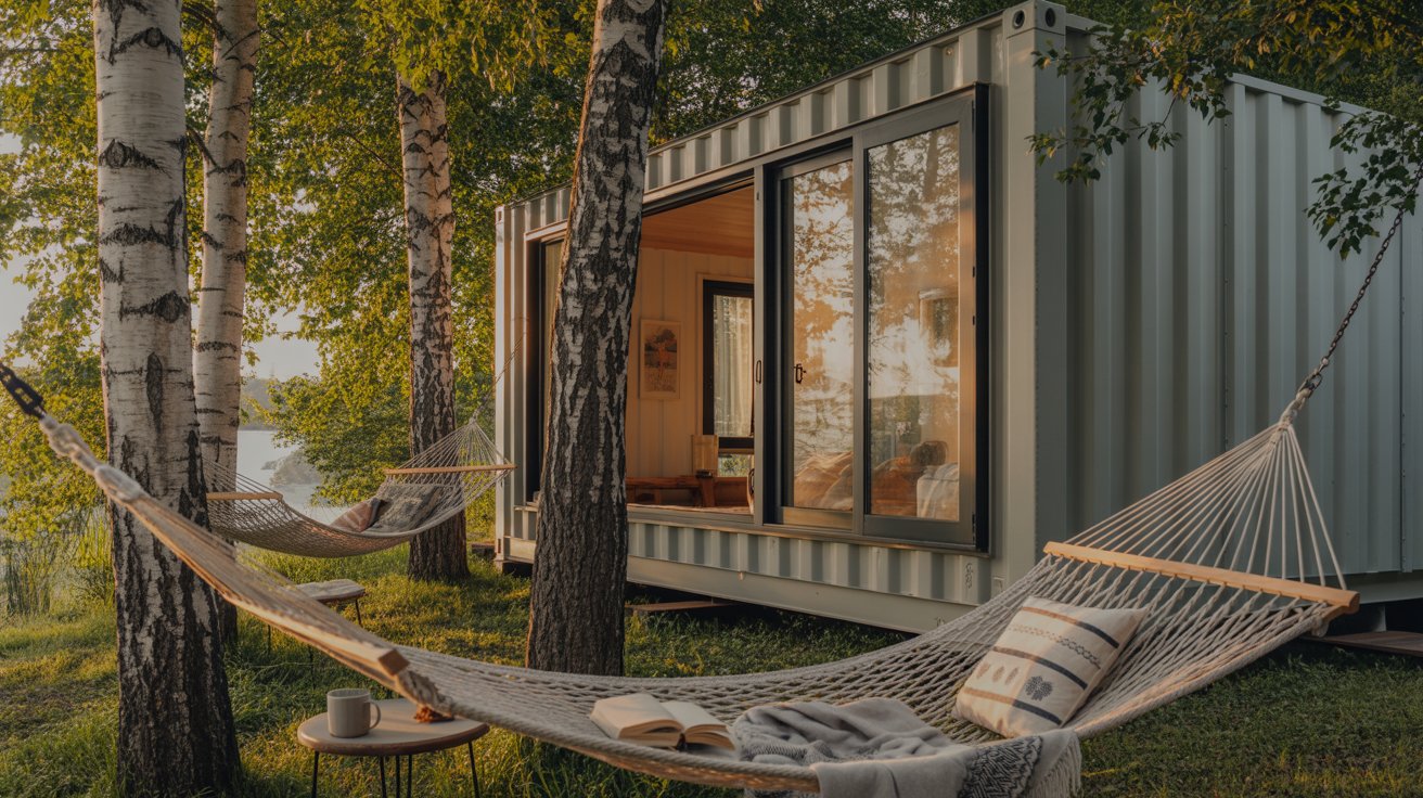 A photograph of a modern shipping container home nestled amongst lush greenery, evoking a tranquil and minimalist aesthetic. The home is painted a soft grey and features large windows showcasing a glimpse of the interior, with several woven hammocks gently swaying between tall birch trees and weathered wooden posts, each adorned with plush throw blankets and patterned pillows. A ceramic mug rests on a small wooden table beside one hammock, and a well-worn book lies open on another, hinting at peaceful relaxation. Warm golden-hour sunlight filters through the leaves, casting long shadows across the scene and creating a serene, natural ambiance.
