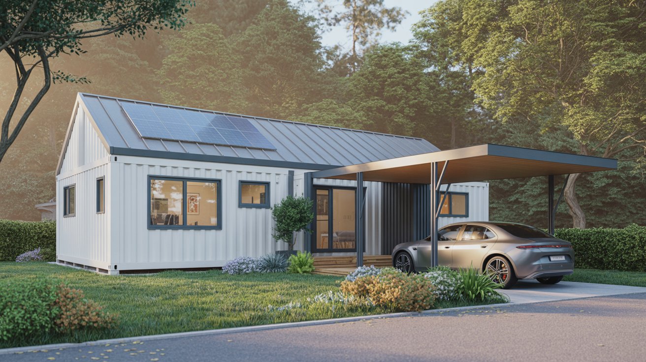 A photograph of a modern shipping container home nestled within a quiet residential neighborhood. The exterior of the home is painted a crisp white with dark gray trim, featuring large windows that allow ample natural light, and a sloped metal roof with integrated solar panels. A sleek carport constructed from wood and metal provides shelter for a silver electric car, while manicured landscaping with vibrant green lawn, flowering shrubs, and strategically placed trees frames the home beautifully. Warm, diffused sunlight bathes the scene, creating a welcoming and serene atmosphere.