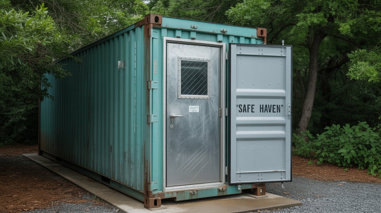 A photograph of a modern storm shelter constructed from a weathered, repurposed shipping container. The container is painted a muted teal color and sits on a concrete pad surrounded by gravel. A sturdy steel door with a small, reinforced window is visible, bearing the faded inscription "“SAFE HAVEN”" and a simple rain gutter runs along the top edge, directing water away from the entrance. Lush green foliage surrounds the shelter, creating a sense of resilience and integration within the natural landscape.