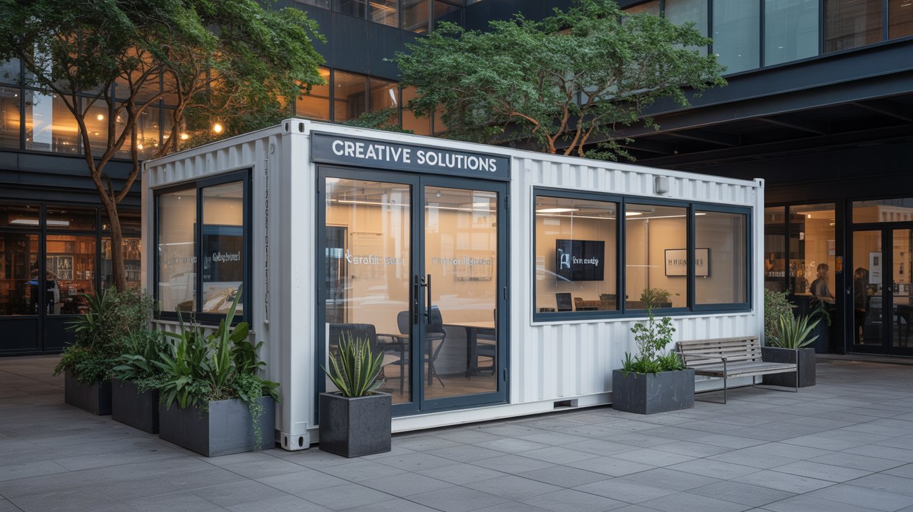 A photograph of a repurposed shipping container transformed into a modern commercial office space. The container, painted a vibrant teal blue, sits nestled within a lush urban garden, with large panoramic windows revealing a minimalist interior filled with natural light. A sign above the doorway reads "CREATIVE SOLUTIONS" in a clean, sans-serif font, while potted plants and climbing vines adorn the exterior. Soft morning sunlight illuminates the scene, casting long shadows and creating a serene and inviting atmosphere.