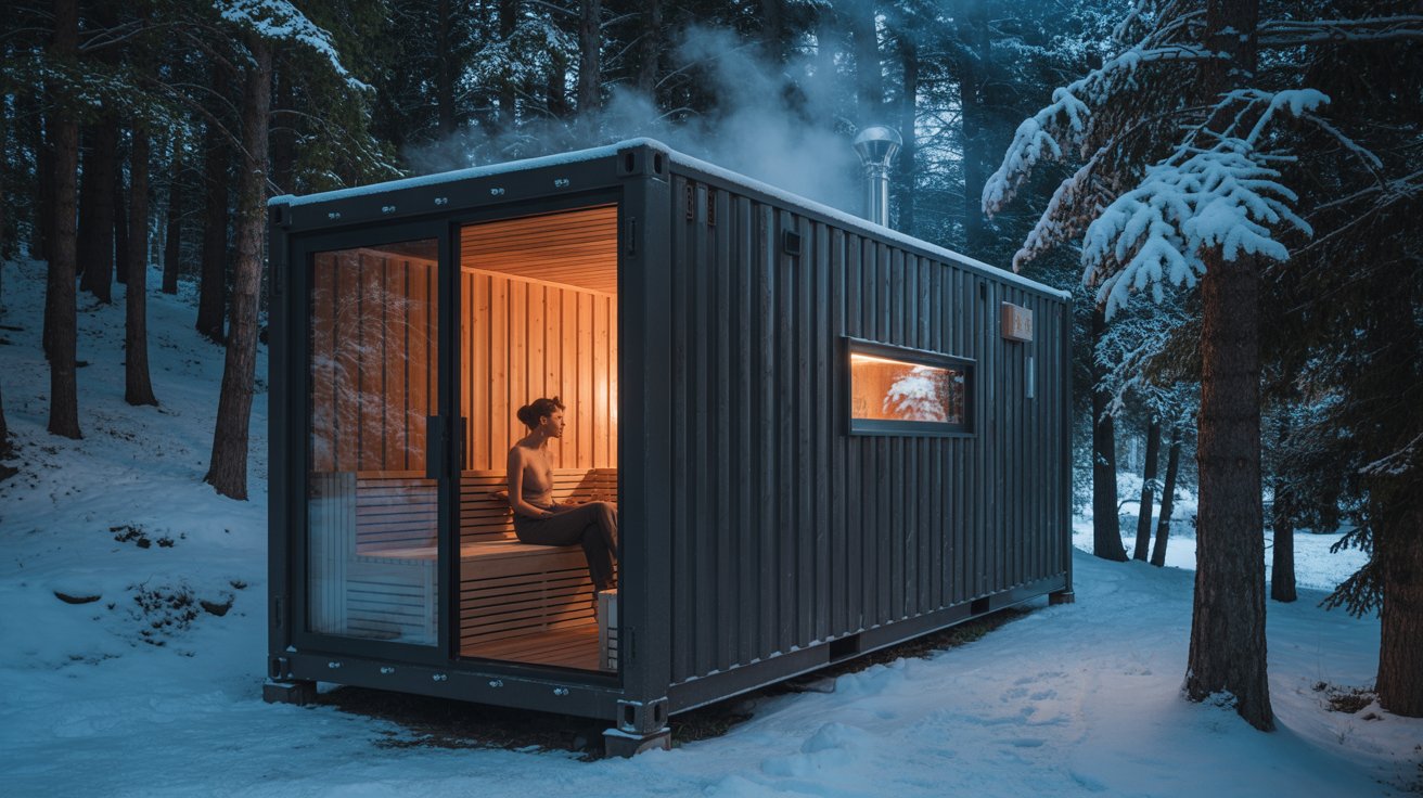 A photograph of a repurposed shipping container transformed into a modern sauna, nestled in a snow-covered forest. The container's exterior is clad in dark stained cedar planks with a minimalist glass door revealing the warm interior where a person sits on wooden benches enjoying the heat. Steam gently escapes from the sauna’s vents, creating a mystical atmosphere, while soft light from within illuminates the surrounding snow-laden pine trees. A small, frosted window allows glimpses of the serene, winter landscape.