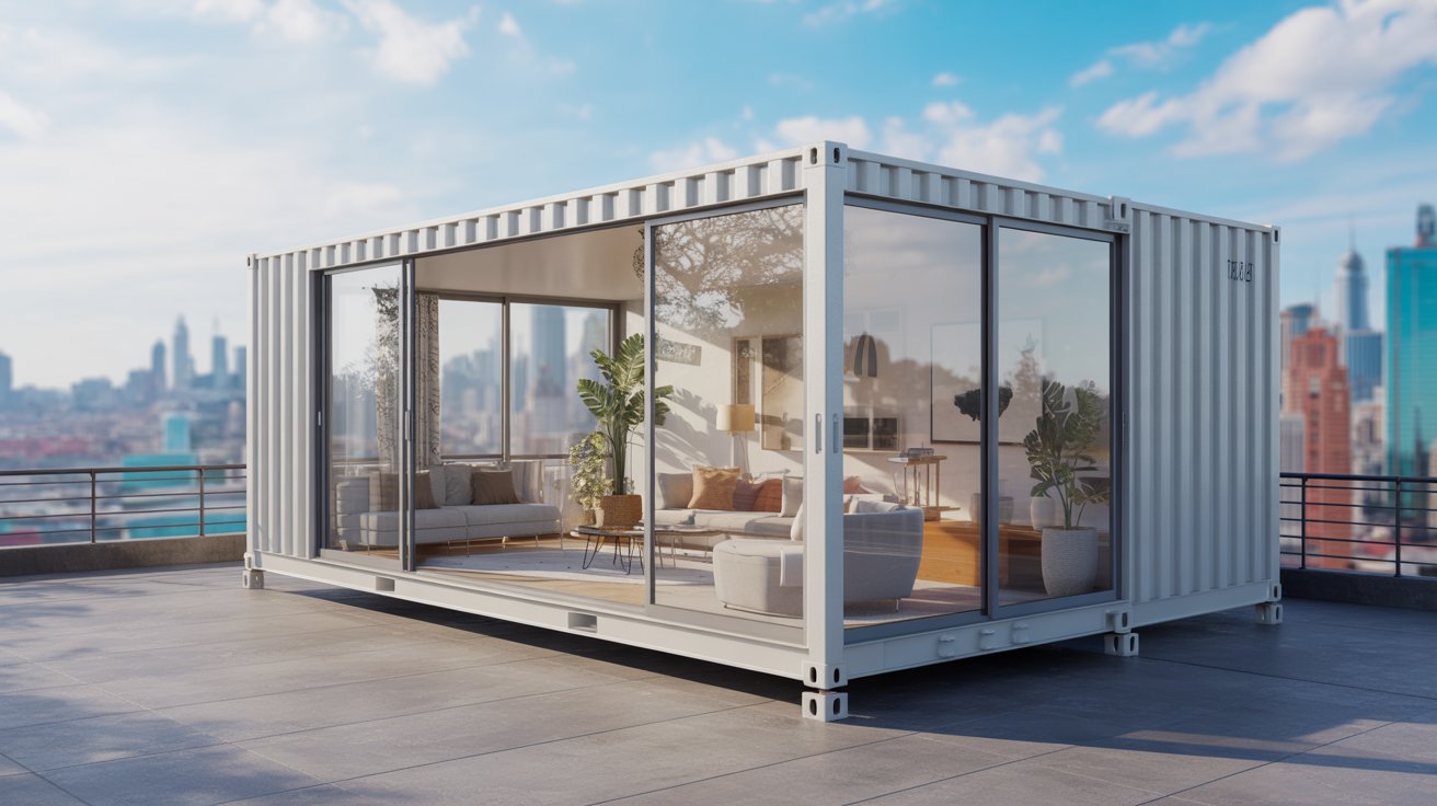 A photograph of a sleek, modern shipping container transformed into a stylish apartment. The container is painted a crisp white with large panoramic windows revealing a minimalist interior filled with light-colored furniture and potted plants. Outside, the container sits on a rooftop terrace overlooking a vibrant cityscape with blurred skyscrapers and a bright blue sky. Soft, diffused sunlight streams through the windows, creating a warm and inviting atmosphere within the apartment.