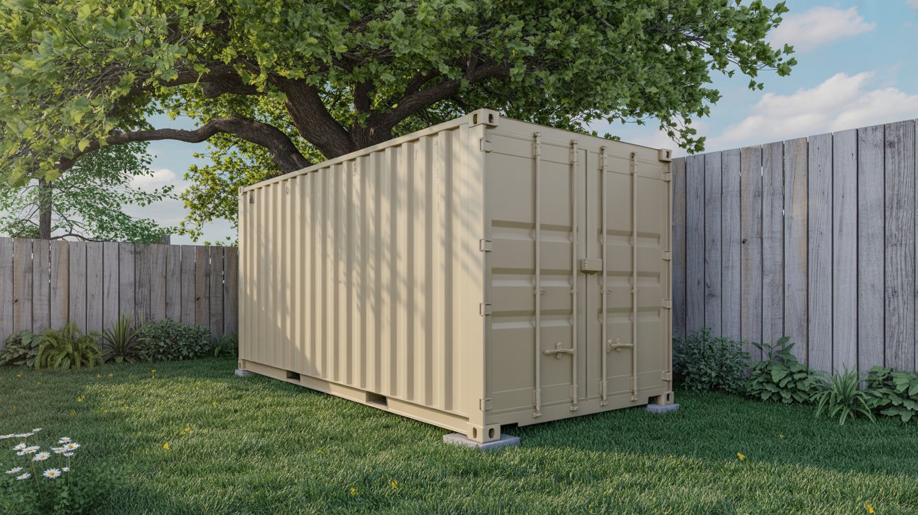A photograph of a small, newly painted beige shipping container sitting in a lush, overgrown backyard. The container is pristine with a slightly textured matte finish, positioned diagonally on a patch of vibrant green grass. Scattered around the base are several weathered terracotta pots filled with ferns and wildflowers, partially obscuring the container's lower edge. Soft, diffused sunlight filters through the surrounding trees, casting gentle shadows and highlighting the container's clean lines.