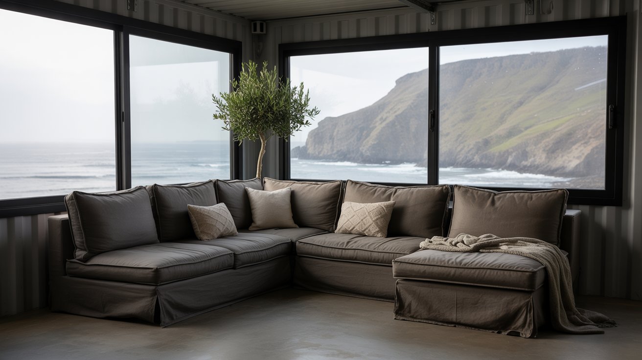 A photograph of a spacious living room inside a repurposed industrial shipping container. The room centers around a comfortable, oversized sectional sofa upholstered in dark grey linen, adorned with several textured throw pillows and a soft knitted blanket. Large panoramic windows reveal a misty coastline with rugged cliffs, and a single potted olive tree sits in the corner, adding a touch of organic warmth to the minimalist industrial aesthetic. Soft, diffused light filters through the windows, creating a calming and inviting atmosphere.