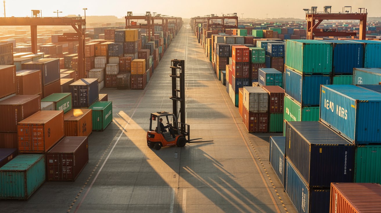 A photograph of a sprawling airport terminal filled with towering stacks of brightly colored shipping containers. The containers vary in size and shade from deep teal to vibrant orange and are arranged in neat rows extending into the distance. A single forklift, operated by a silhouetted figure, moves purposefully between the stacks, with faint beams of golden sunlight cutting through the open hangar doors, casting long shadows across the concrete floor. The scene evokes a sense of organized chaos and global trade, bathed in the warm glow of the late afternoon sun.
