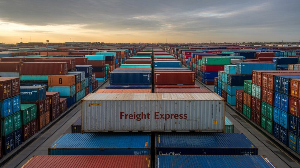 Stacking Limits for Shipping Containers Explained A photograph of a sprawling rail yard filled with towering stacks of brightly colored shipping containers. The containers are various shades of blue, red, and gray, meticulously organized into a grid-like pattern extending into the distance. A single, weathered container with "FREIGHT EXPRESS" painted on its side sits slightly off-center, catching the light of the late afternoon sun. The sky above is overcast with a soft, diffused light illuminating the scene and creating long shadows between the containers.