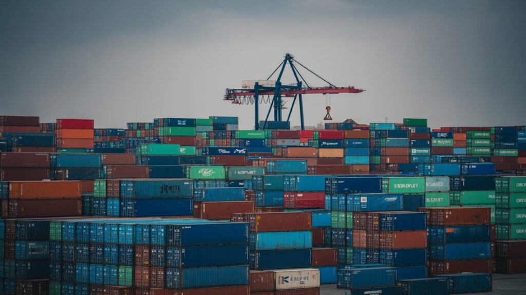 Stacking Limits for Shipping Containers Explained A photograph of a sprawling shipping yard filled with towering stacks of brightly colored shipping containers. The containers, predominantly in shades of blue, red, and green, are meticulously arranged in a grid pattern across the vast space. A single, weathered crane stands poised in the background, its hook suspended above the containers, suggesting ongoing operations. Soft, overcast lighting creates a muted atmosphere across the scene, emphasizing the scale and industrial nature of the yard.