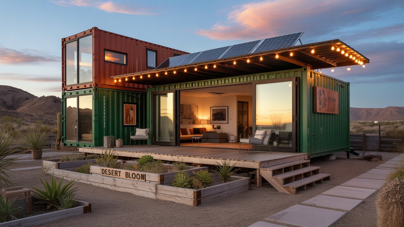 A stylish shipping container house made from stacked and staggered containers, painted in earthy tones like deep green and rust orange. The home features large glass doors and windows, a rooftop deck with string lights, and solar panels. A small porch with minimalist outdoor seating sits beside native landscaping with gravel paths, succulents, and raised garden beds. Inside, warm lighting reveals a cozy, modern interior with exposed metal walls, reclaimed wood accents, and compact, functional design. The setting is peaceful—either in a forest clearing, desert landscape, or urban backyard.