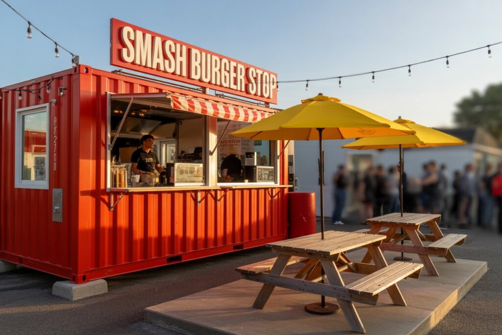 A photograph of a vibrant, retro-style shipping container transformed into a "Smash Burger Stop" hamburger joint. The container is painted a striking bright red with bold white lettering displaying the name, and features a large serving window with a red and white striped awning shading a stainless steel counter. Two weathered wooden picnic tables with bright yellow umbrellas sit on a concrete pad nearby, illuminated by warm string lights draped overhead, with a hint of a crowd visible in the soft-focus background. The late afternoon sun casts long shadows, creating an inviting and nostalgic atmosphere.