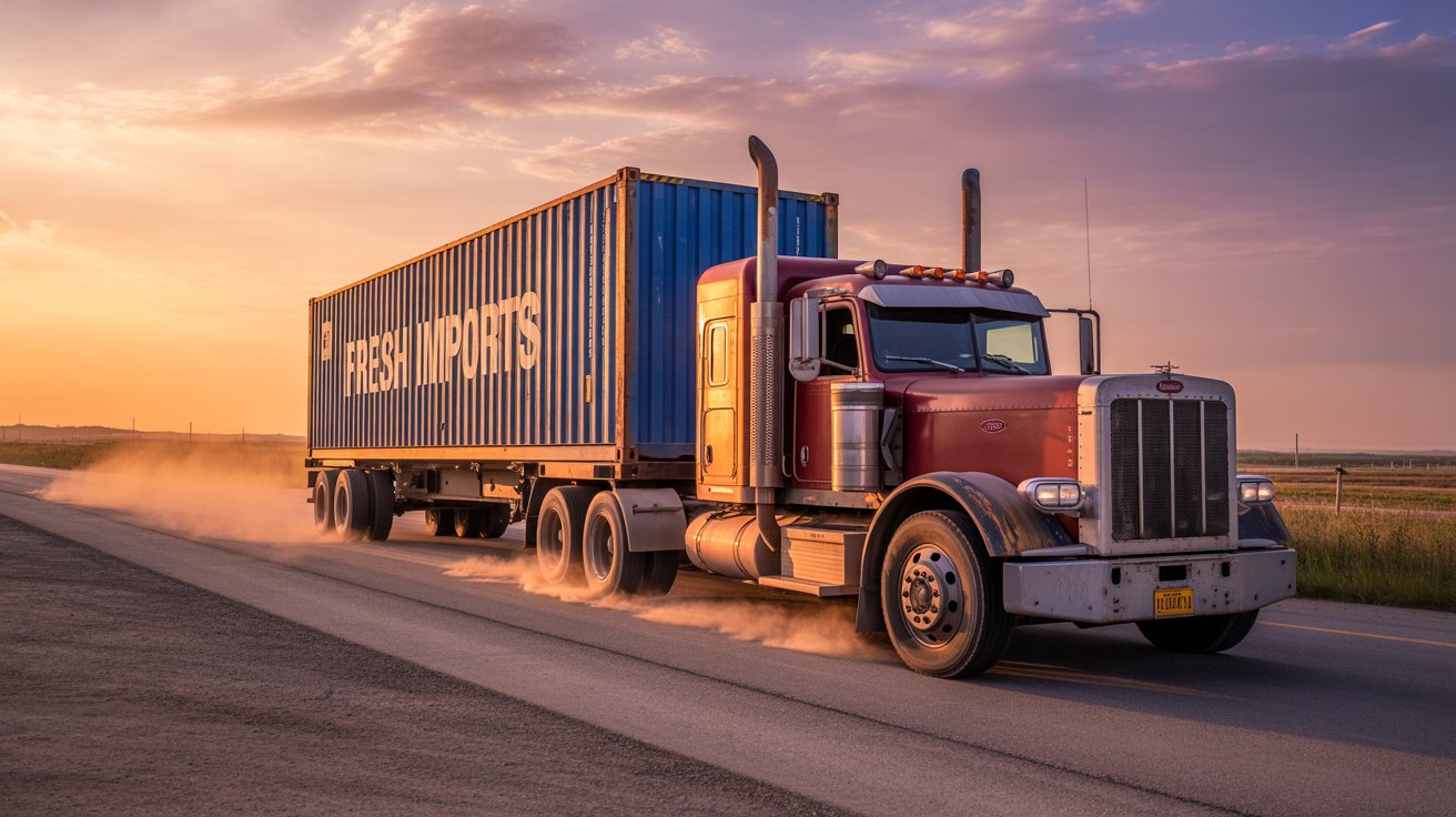 A photograph of a weathered 18-wheeler truck pulling a shipping container trailer across a desolate highway. The truck is a classic Peterbilt with faded red paint, chrome accents, and a slightly rusted grill, hauling a brand new blue shipping container emblazoned with "FRESH IMPORTS" in white lettering. Dust swirls around the tires as the truck drives toward a setting sun, casting long shadows across the cracked asphalt. The sky is a vibrant mix of orange, purple, and pink, suggesting a late afternoon in a rural, American landscape.