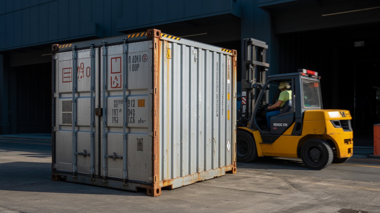 A photograph of a weathered aluminum shipping container sitting at a bustling loading dock. The container has faded red markings and several small dents and scratches, suggesting years of transport. A single, bright yellow warning stripe wraps around the container’s perimeter, and a forklift truck is partially visible behind it, blurred with motion. Harsh midday sunlight casts sharp shadows across the concrete dock, creating a stark contrast and highlighting the industrial texture of the scene.
