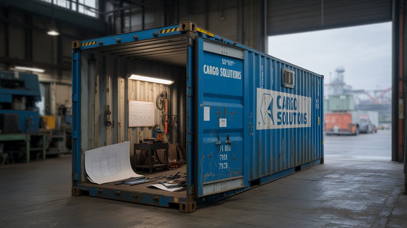 A photograph of a weathered, blue shipping container standing within a bustling industrial workshop. The container is marked with faded "Cargo Solutions" text and displays signs of wear, including rust patches and scratches, hinting at a long history of transport. Inside, scattered tools and blueprints lie on the concrete floor, partially illuminated by a single overhead fluorescent light. The background showcases blurred outlines of machinery and a loading dock, with diffused light filtering in from a large open doorway.