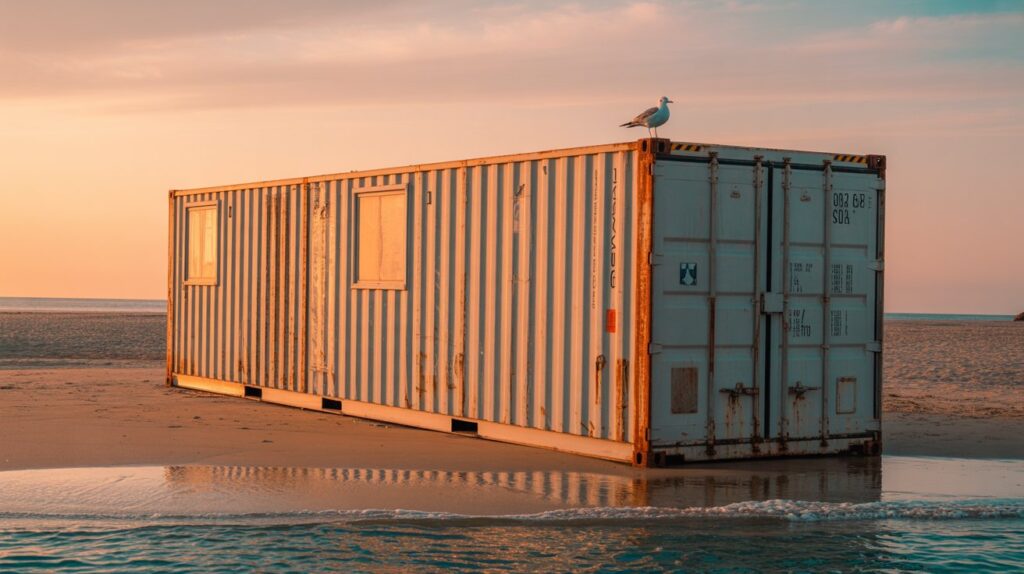 Exploring Aluminium as a Material for Shipping Containers A photograph of a weathered, bright silver aluminium shipping container resting on a sandy beach at sunset. The container shows signs of wear with faded markings and a few patches of rust, its rectangular form contrasting against the gentle curve of the shoreline. The warm, golden light of the setting sun casts long shadows, highlighting the container's texture and creating a striking visual contrast with the turquoise water gently lapping at its base. A single seagull is perched atop the container, silhouetted against the vibrant sky.