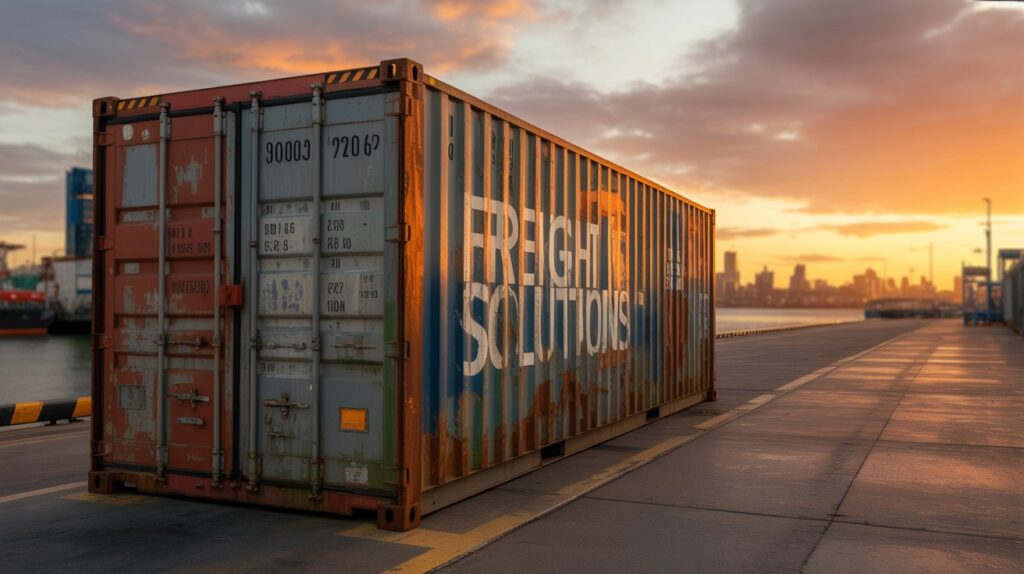 A photograph of a weathered, rusted shipping container resting on a concrete loading dock. The container's surface is covered in layers of peeling paint and patches of orange rust, with a faded stencil reading “"FREIGHT SOLUTIONS"" barely visible. The setting sun casts long shadows across the dock, illuminating the container with a warm orange glow and creating a dramatic contrast with the cool gray concrete. In the distance, a blurred cityscape fades into the fiery sunset sky, suggesting a bustling port environment.
