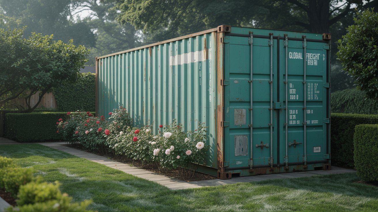 A photograph of a weathered shipping container sitting in a meticulously maintained backyard. The container is painted a faded teal with remnants of a shipping label partially visible reading " “GLOBAL FREIGHT”". Lush green grass surrounds the container, bordered by neatly trimmed hedges and a vibrant bed of red and white roses. Soft, diffused sunlight bathes the scene, creating a tranquil and slightly surreal atmosphere.