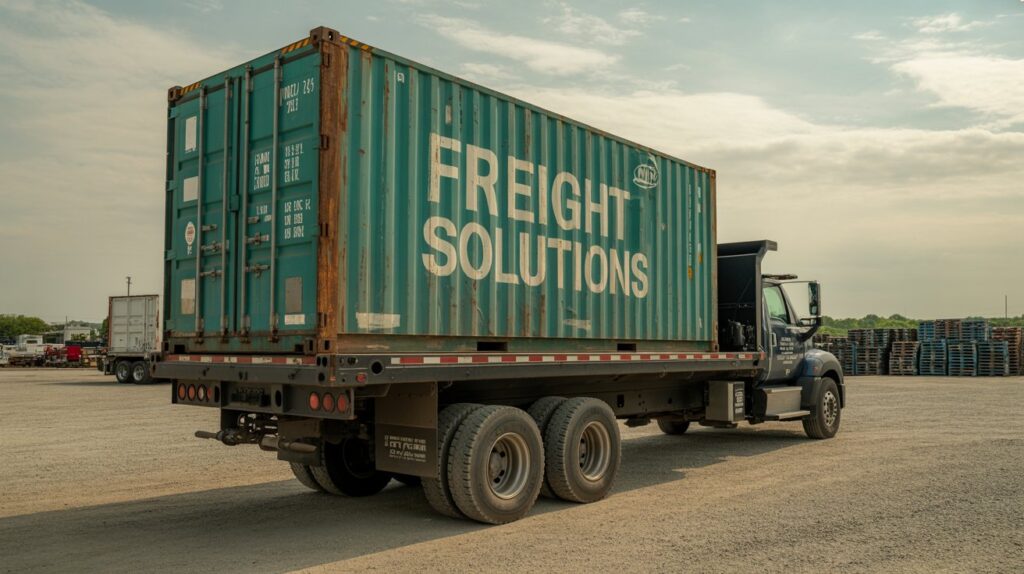 A photograph of a weathered shipping container secured to the flatbed of a large dump truck. The container, painted a faded teal color, bears the faded inscription “"FREIGHT SOLUTIONS"" in white lettering and is slightly tilted, suggesting recent transport. The dump truck is a heavy-duty model, its chassis a dark gray, with thick tires and a simple, utilitarian design. The background features a slightly overcast sky above a sprawling industrial yard, with other trucks and stacks of pallets visible in the distance.