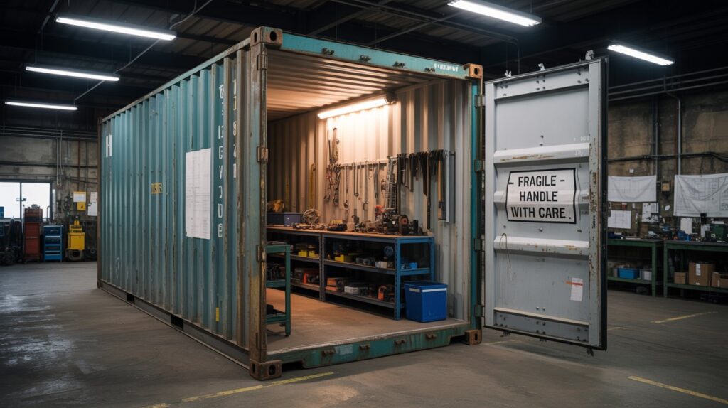 A photograph of a weathered, blue shipping container standing within a bustling industrial workshop. The container is marked with faded "Cargo Solutions" text and displays signs of wear, including rust patches and scratches, hinting at a long history of transport. Inside, scattered tools and blueprints lie on the concrete floor, partially illuminated by a single overhead fluorescent light. The background showcases blurred outlines of machinery and a loading dock, with diffused light filtering in from a large open doorway.
