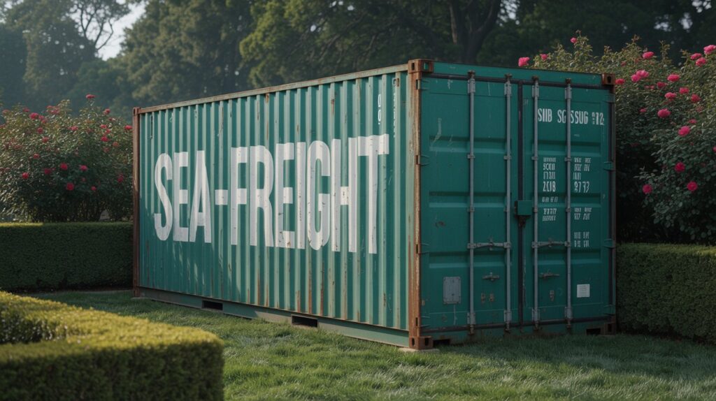 Do I Need a Permit to Put a Shipping Container in My Back Yard A photograph of a weathered shipping container sitting in a meticulously maintained backyard. The container is painted a faded teal with remnants of a shipping label partially visible reading " “GLOBAL FREIGHT”". Lush green grass surrounds the container, bordered by neatly trimmed hedges and a vibrant bed of red and white roses. Soft, diffused sunlight bathes the scene, creating a tranquil and slightly surreal atmosphere.
