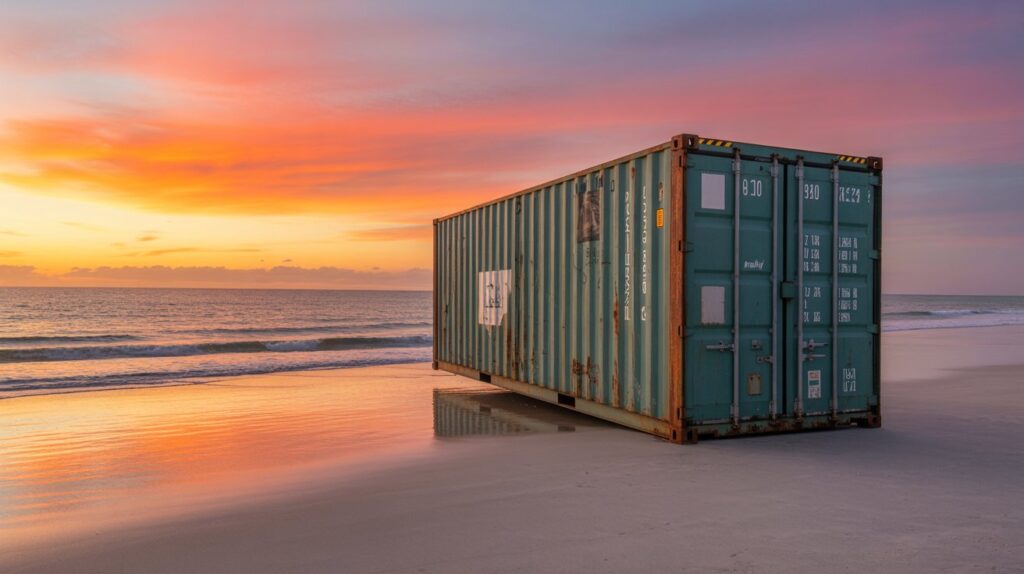 Exploring the Environmental Impact of Shipping Containers A photograph of a weathered standard shipping container sitting on a pristine white sand beach. The container is a faded teal color with traces of old cargo markings and rust streaks, leaning slightly as if weathered by the ocean winds. Gentle waves wash up on the shore, reflecting the warm orange and pink hues of the setting sun, creating long shadows across the sand. The sky is a gradient of vibrant colors, from fiery orange to soft lavender, casting a tranquil glow over the scene.