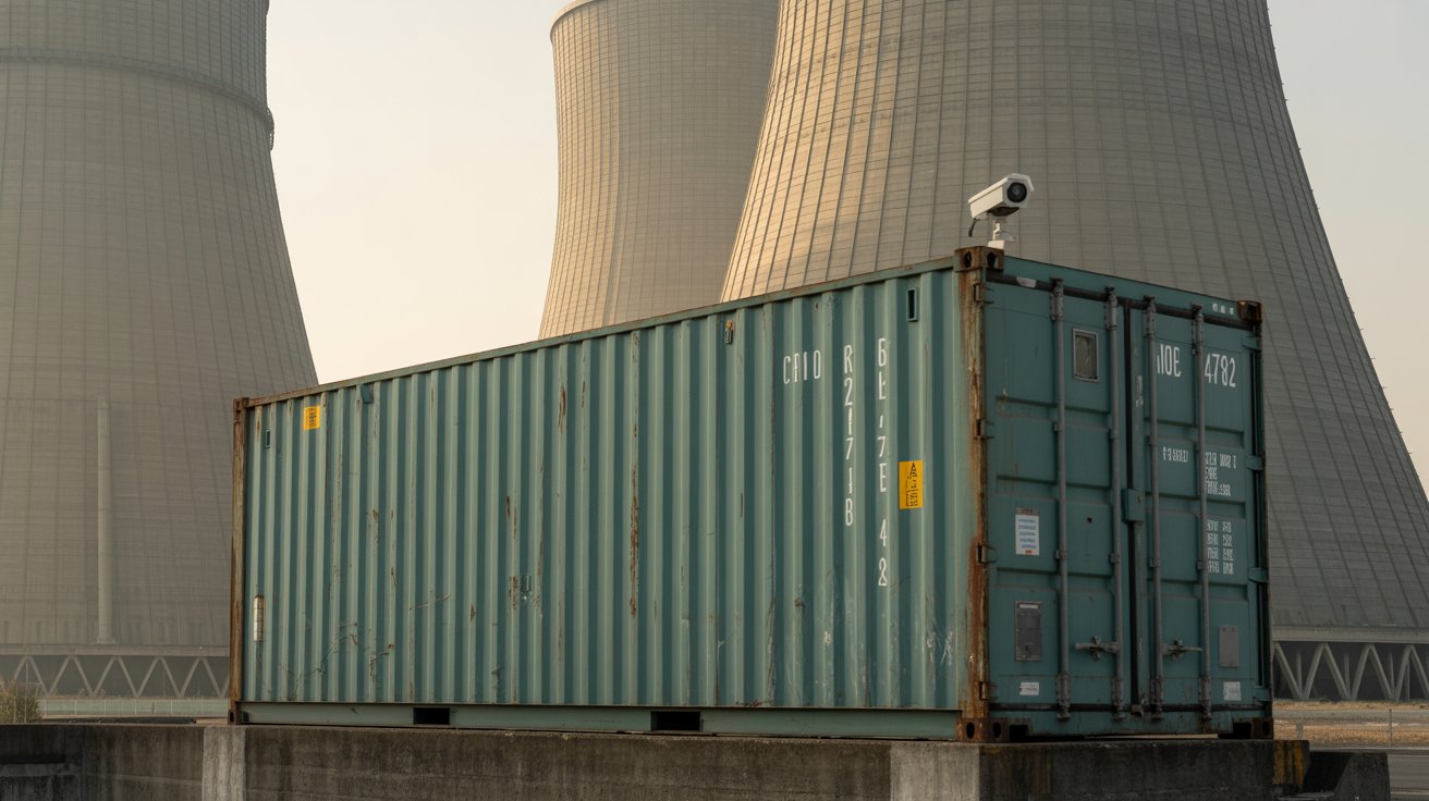 A photograph of a weathered standard shipping container resting on the concrete foundation of a large, industrial power plant. The container is a faded teal color, covered in peeling paint and displaying the faint markings "CONTAINER NO. 4782" on its side. Behind the container, massive cooling towers rise into a hazy sky, their surfaces reflecting the late afternoon sunlight. A single security camera is mounted on the container's corner, observing the surroundings with a subtle, watchful presence.