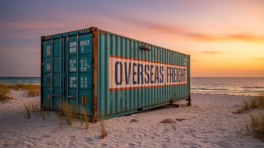 Exploring the Environmental Impact of Shipping Containers A photograph of a weathered standard shipping container resting on a pristine white sand beach at sunset. The container is a faded teal color with remnants of faded "OVERSEAS FREIGHT" stencil lettering visible on its side. Warm golden light spills across the sand, reflecting off the container's metallic surface and creating long shadows stretching towards the calm turquoise ocean. A few scattered seashells and wisps of dry beach grass surround the container, while a vibrant orange and purple sky completes the tranquil scene.