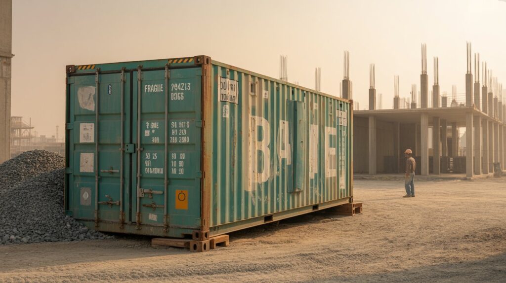A photograph of a weathered standard shipping container resting on a dusty construction site. The container is painted a faded teal color with remnants of "FRAGILE" stenciled in white along one side, showing signs of wear and tear with rust streaks and minor dents. A pile of gravel sits to one side, while in the background, partially obscured by a haze, are several unfinished concrete structures and a lone construction worker wearing a hard hat. The scene is bathed in the warm, diffused light of a late afternoon sun.