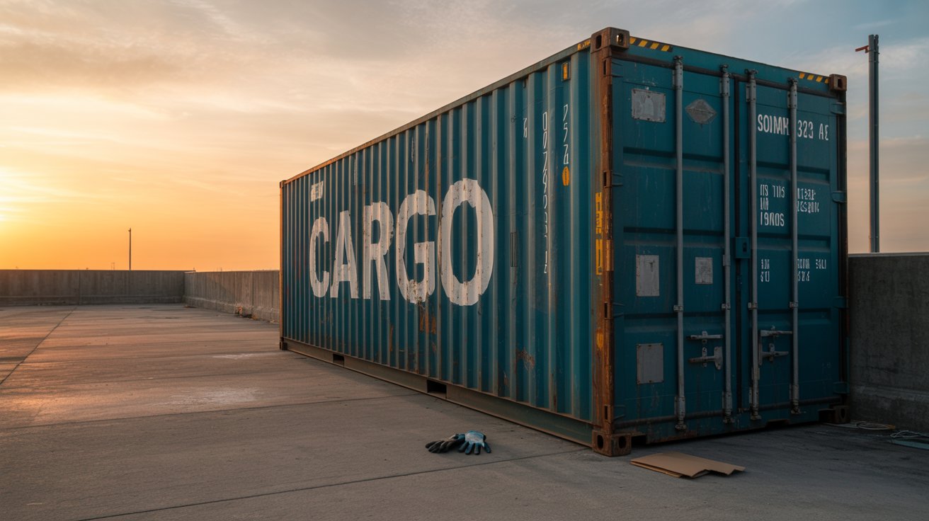 A photograph of a weathered standard shipping container resting on a concrete loading dock at sunset. The container is a faded teal blue with traces of old white lettering that reads "Cargo" barely visible on its side. The setting sun casts a warm orange glow across the container and the dock, creating long shadows and highlighting the texture of the concrete. A few stray pieces of cardboard and a single discarded work glove are scattered around the base of the container, hinting at recent activity.