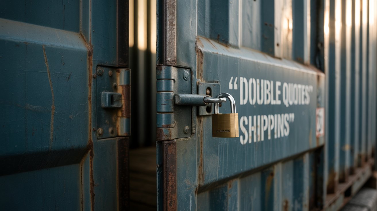 A photograph of a weathered steel shipping container door with a complex locking mechanism prominently displayed. The door is slightly ajar, revealing a glimpse of darkened interior and showcasing signs of rust and wear. A single padlock with a brass finish secures the door, its shackle reflecting the faint light, while faded "double quotes" SHIPPING "double quotes" is barely visible stenciled on the container's surface. Soft, diffused lighting emphasizes the textures and imperfections of the metal, creating a moody and industrial atmosphere.
