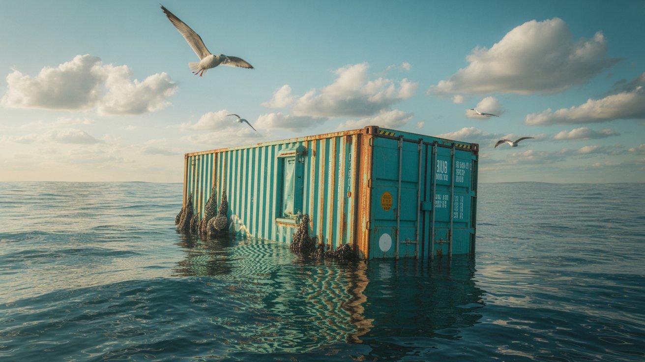 A photograph of a weathered, turquoise shipping container adrift on a calm, cerulean ocean. The container is partially submerged, with barnacles clinging to its rusted exterior and sunlight glinting off its surface. Gentle waves lap against its sides, and a few seagulls circle overhead, their wings catching the light. The sky is clear with scattered fluffy white clouds creating a peaceful, slightly melancholic atmosphere.