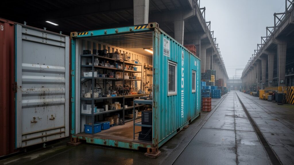 A photograph of a weathered, blue shipping container standing within a bustling industrial workshop. The container is marked with faded "Cargo Solutions" text and displays signs of wear, including rust patches and scratches, hinting at a long history of transport. Inside, scattered tools and blueprints lie on the concrete floor, partially illuminated by a single overhead fluorescent light. The background showcases blurred outlines of machinery and a loading dock, with diffused light filtering in from a large open doorway.