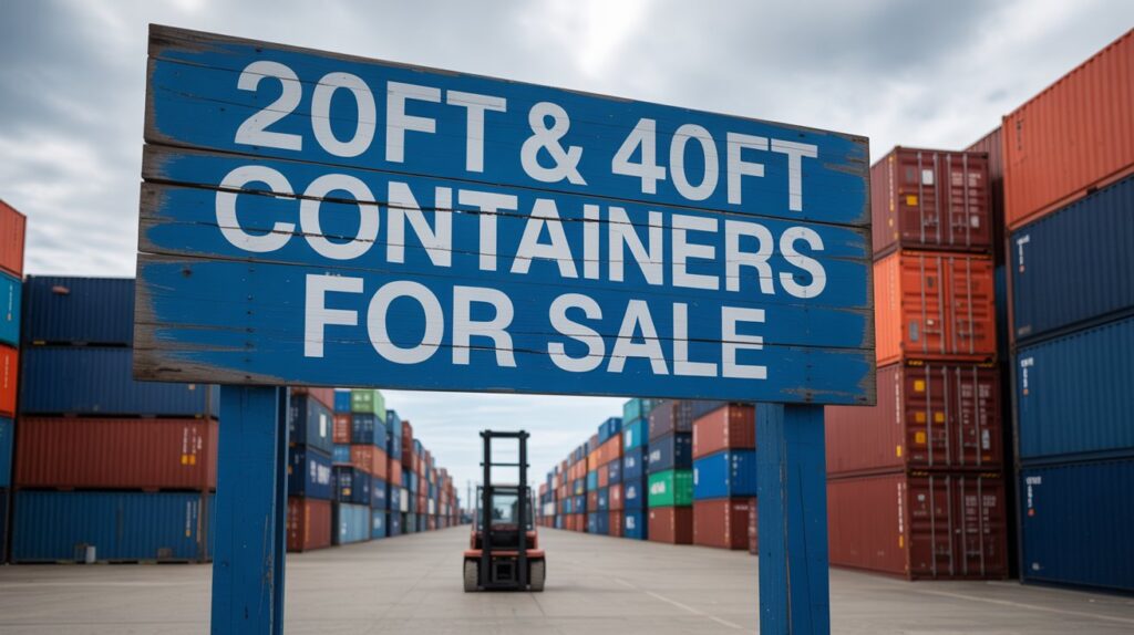 A photograph of a weathered wooden sign reading "20ft & 40ft Containers For Sale" prominently displayed in front of a bustling shipping container dealership. The sign has peeling blue paint and slightly crooked lettering, suggesting years of exposure to the elements, and it’s mounted on two sturdy metal posts. Behind the sign, several rows of brightly colored shipping containers are stacked neatly, with a cloudy gray sky overhead casting soft, diffused light on the scene. A lone forklift sits idle in the background, adding a sense of industry and scale to the composition.