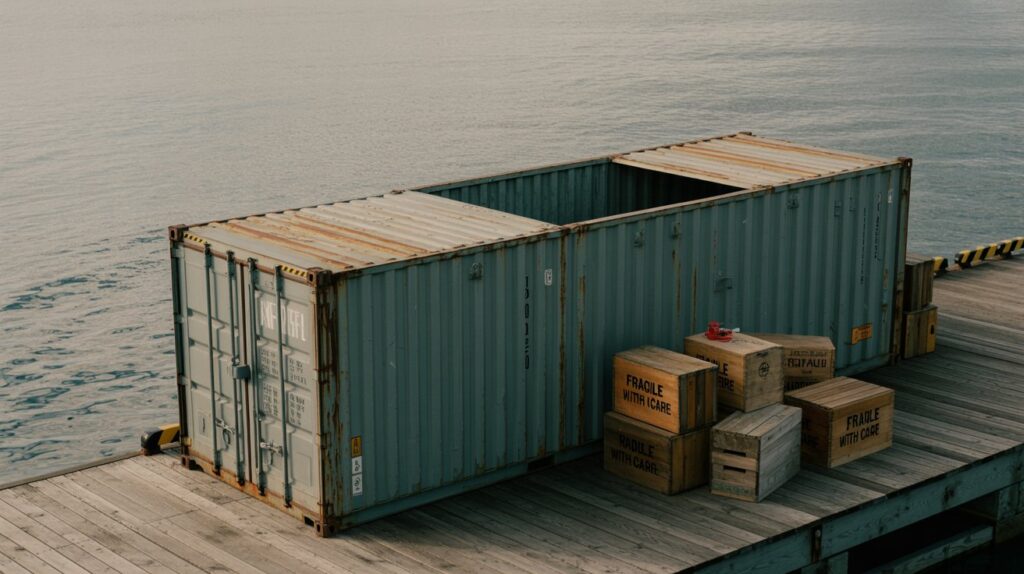 Exploring the Different Types of Shipping Containers A photograph of an open-top shipping container resting on a weathered wooden dock overlooking a calm, grey ocean. The container, painted a faded teal color, has visible rust streaks and peeling paint, showing signs of extensive use and exposure to the elements. Several stacked wooden crates marked with "FRAGILE" and "HANDLE WITH CARE" sit beside the container, adding to the industrial atmosphere. Soft, overcast lighting illuminates the scene, creating a muted and melancholic mood.